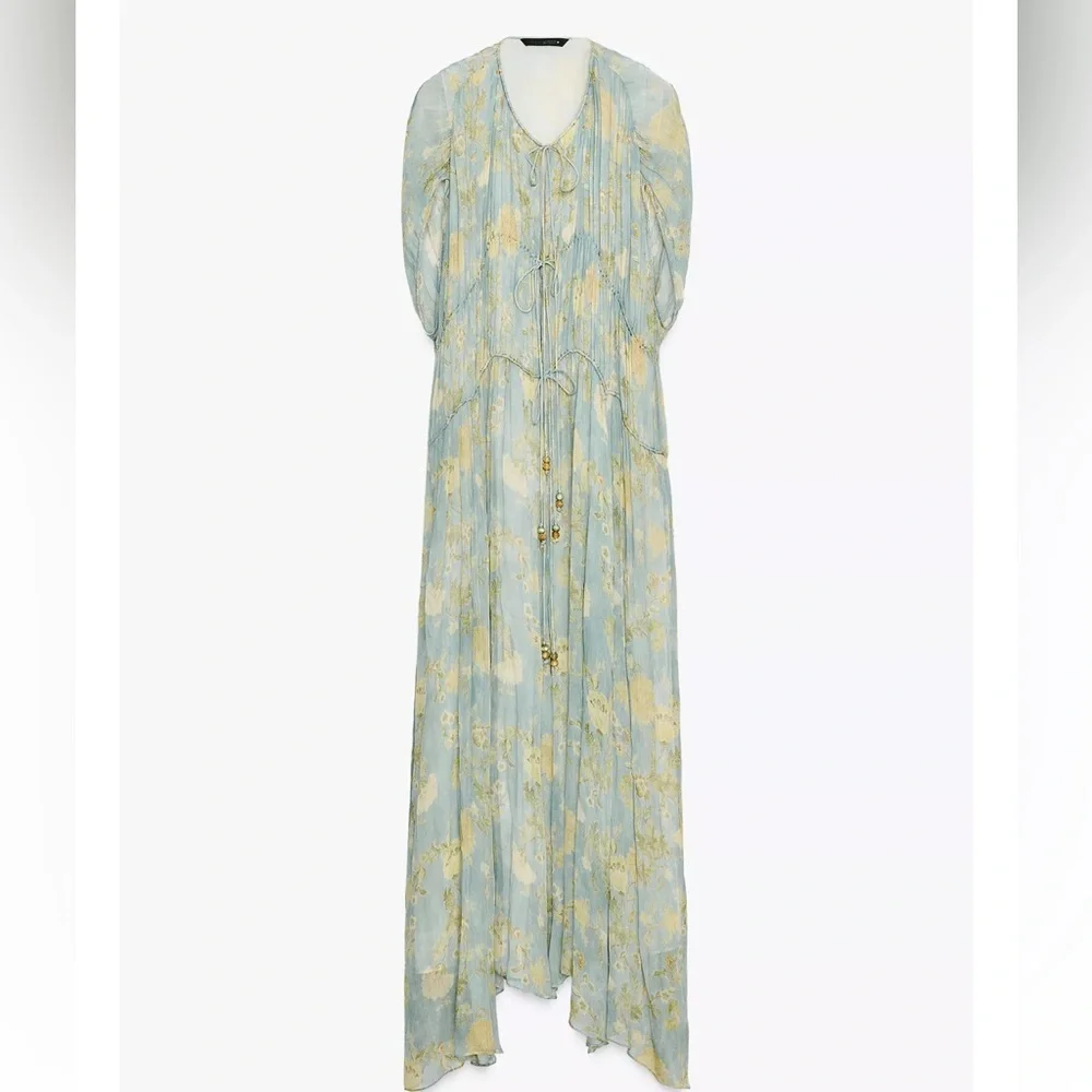 Bohemian Tie-Front Maxi Dress in Sage with Gold Floral - Picture 9 of 15